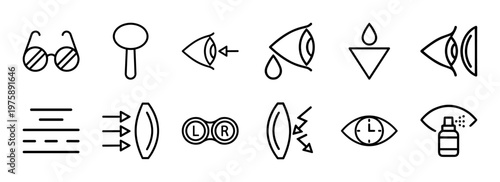 Optometry and eye care line icon set for medical ophthalmology design