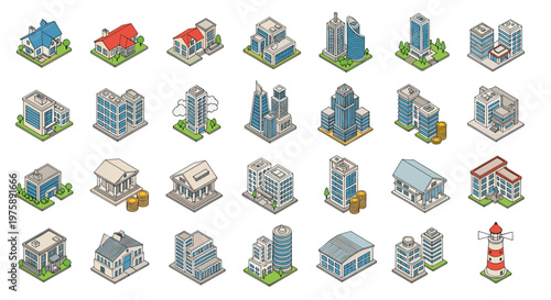 Extensive set of isometric city building icons including skyscrapers, houses, banks, lighthouses, and commercial offices.