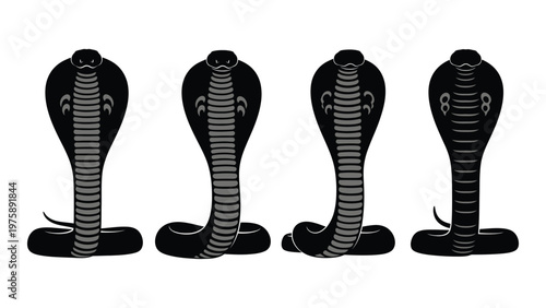 Four stylized cobra illustrations in varying poses presented in black and white