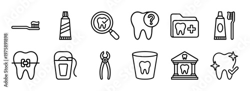 Dental healthcare and stomatology outline icon set.