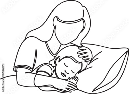 Mother comforting sleeping child on pillow at bedtime line art illustration