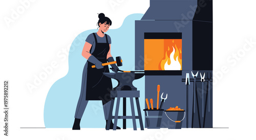 Skilled female blacksmith forging metal on an anvil with a hammer in a traditional workshop with a hot furnace.