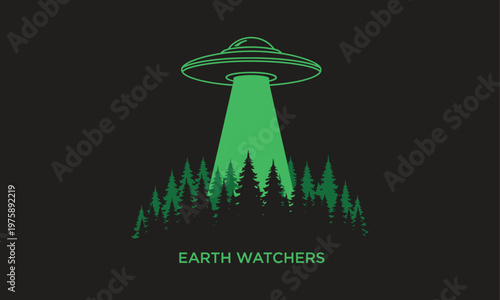 Stylized ufo illustration with forest silhouette and 'earth watchers' text
