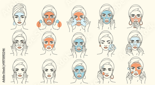 Detailed guide showing the step-by-step process of applying various skincare face masks for beauty treatments.