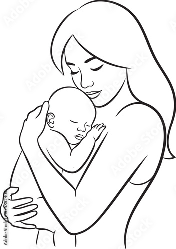 Mother gently cradling her sleeping newborn baby in minimalist line art