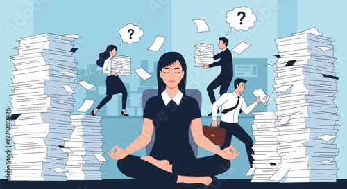 Calm woman meditating in a lotus pose amidst piles of paperwork and busy coworkers in a stressful office setting.