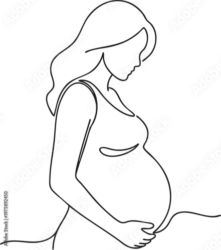 Minimalist single line drawing of a pregnant woman in profile with pregnant