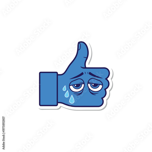 Upset Thumbs Up Hand Sticker Illustrates Disappointment or Sadness, Crying Face Icon.