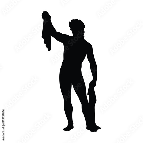 Silhouette of a muscular man holding a cloth reminiscent of a statue
