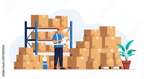 Dedicated warehouse worker in safety gear checking inventory lists next to tall stacks of cardboard shipping boxes.