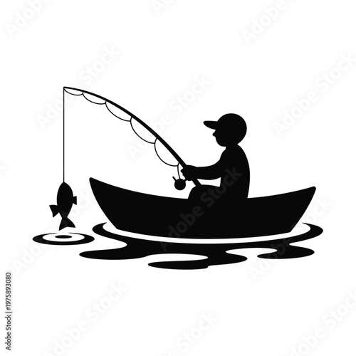 Silhouette of a fisherman in a boat with a caught fish