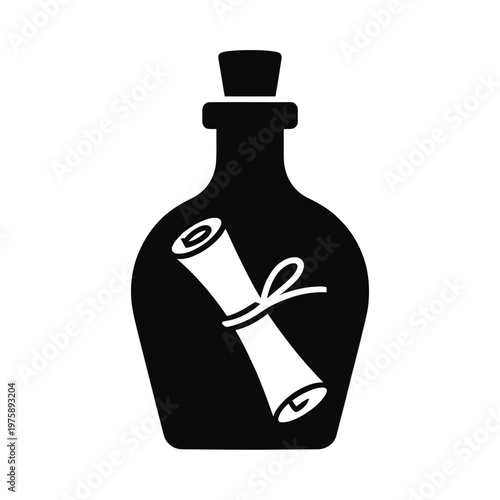 A black silhouette of a bottle containing a rolled up message