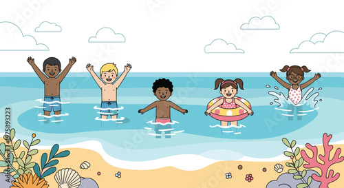 Happy diverse group of children wearing swimwear and playing in the ocean waves at a beautiful sandy beach on summer.