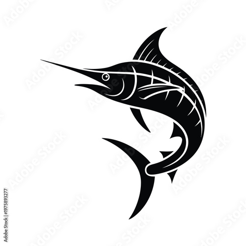 Stylized black marlin illustration with prominent bill and fins