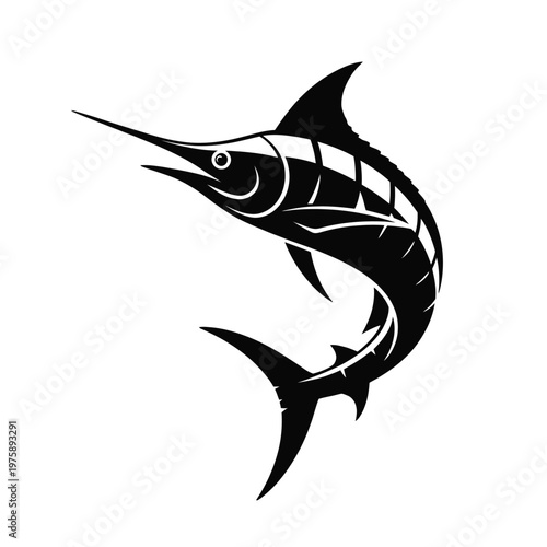 Black and white illustration of a majestic marlin swimming powerfully