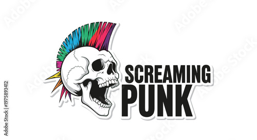 Graphic illustration of a screaming human skull with a colorful rainbow mohawk hairstyle and bold punk text on white background.