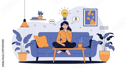 Young woman sitting on a comfortable blue sofa at home and thinking deeply about creative ideas and new business possibilities.