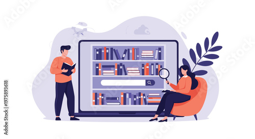 People searching for books in a digital online library using a laptop with a search bar and a large magnifying glass.