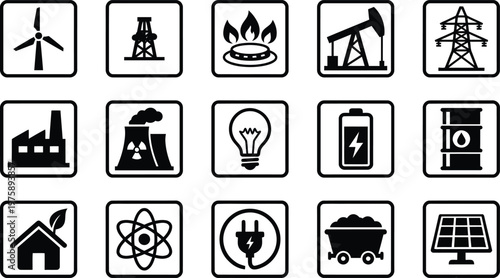 Collection of various energy and power generation icons in black and white
