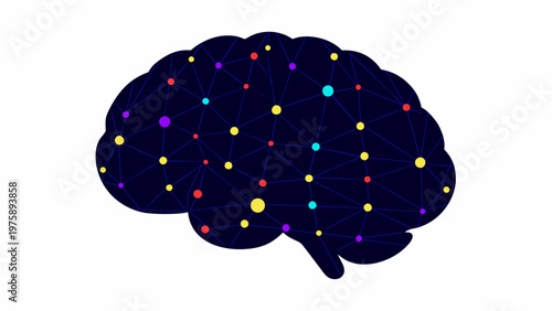 A colorful vector graphic illustration of a brain with neural connections