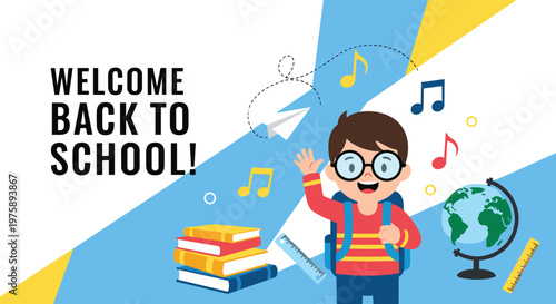 Bright welcome back to school poster featuring a happy young student with a backpack, books, and educational icons.