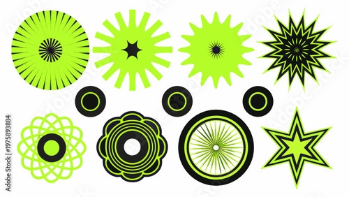 A set of modern green and black geometric shapes and symbols