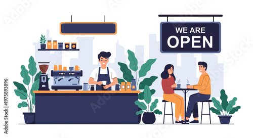 Cozy coffee shop interior with a friendly barista serving customers and a couple enjoying their drinks at a table.