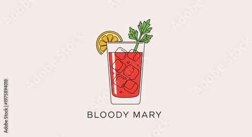 Minimalist graphic illustration of a Bloody Mary cocktail garnished with a lemon slice and a fresh celery stalk.