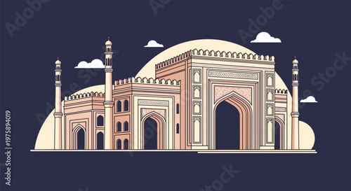 Detailed architectural illustration of the historic Buland Darwaza or similar monumental Islamic gateway in India.