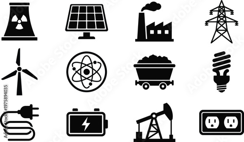 Collection of black and white energy and power generation icons on white background