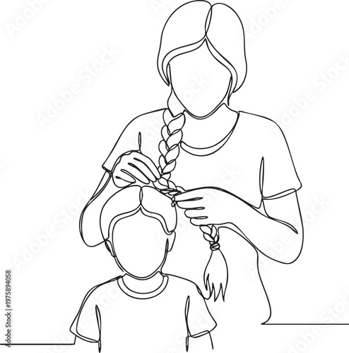 Continuous line drawing of mother braiding hair of her young daughter