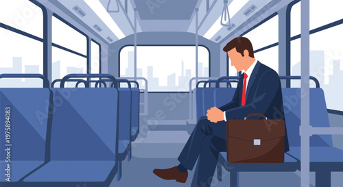 Tired businessman in a suit sitting on a nearly empty bus and heading home after a long day of work in the city.
