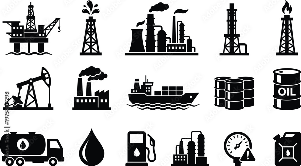 Obraz premium Collection of black and white industry icons representing oil and gas extraction and transport logistic services