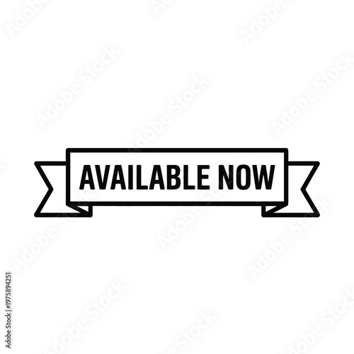 Simple black ribbon banner displays the text available now on white