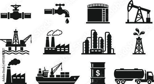 Black and white icons of industrial and oil related objects and buildings on white background