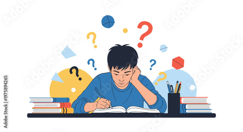 Confused young male student sitting at a desk and feeling overwhelmed by many questions and difficult exam preparation.