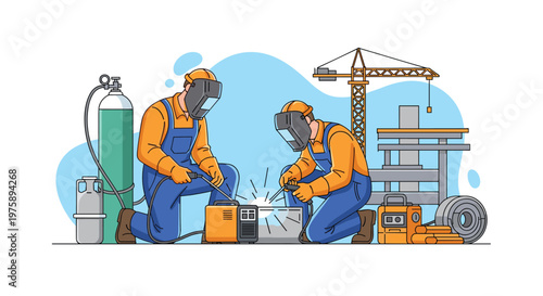 Two professional welders in safety gear working at a construction site with a crane and building frame in background.