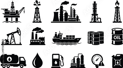 Collection of black and white industry icons representing oil and gas extraction and transport logistic services