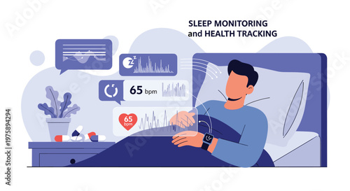 Man sleeping in bed while wearing a smartwatch that tracks his sleep patterns, heart rate, and overall health status.