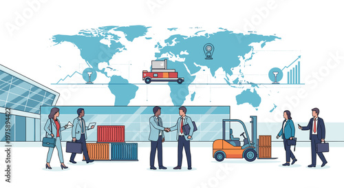 Logistics and global trade concept with cargo containers warehouse workers and a world map showing international shipping routes.