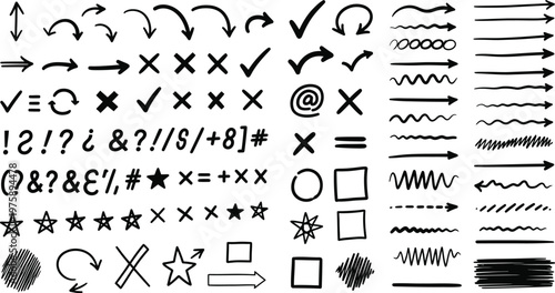 Collection of handdrawn black arrow shapes checkmarks crosses symbols and geometric elements isolated on transparent background