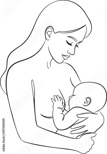 Line art illustration of a mother breastfeeding her infant baby with lactation