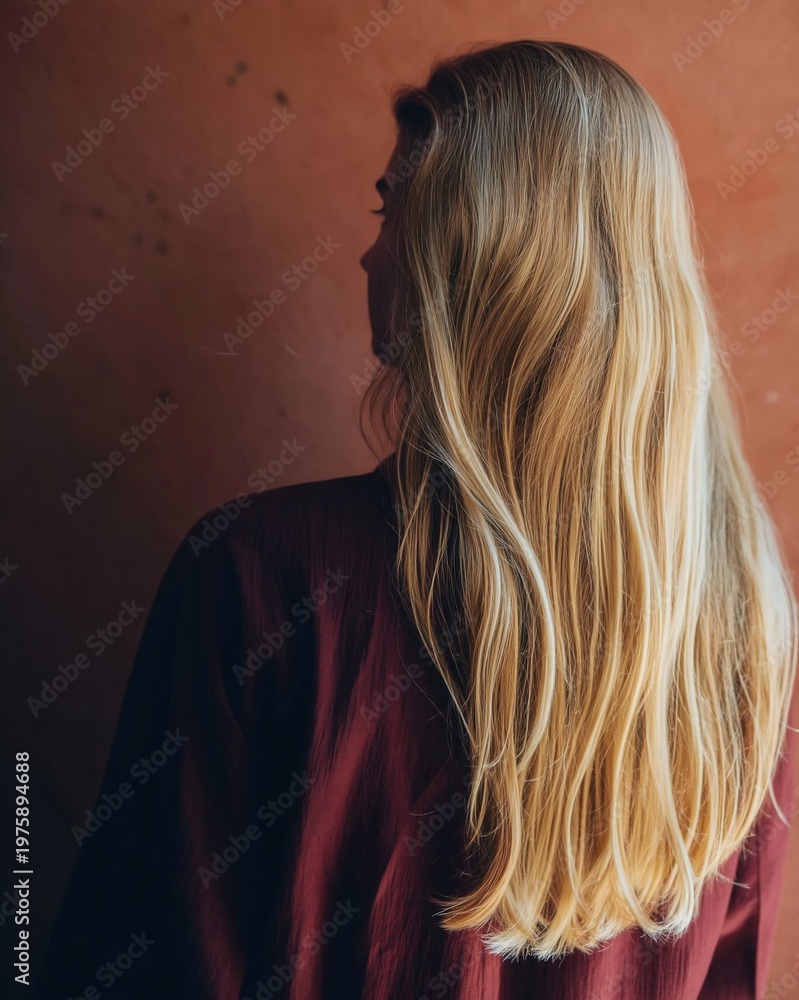 Fototapeta premium Rear View of Woman with Long Blonde Hair Wearing a Plum Purple Silk Garment against a Muted Pink Wall for Hair Care Salon Branding and Beauty Advertising