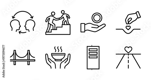 Minimalist altruism and charity line icon grid for social responsibility