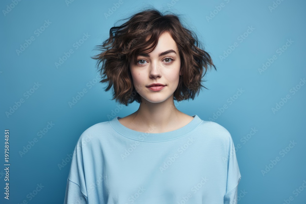 Fototapeta premium Young woman with brown wavy hair and a light blue sweatshirt looking at the camera