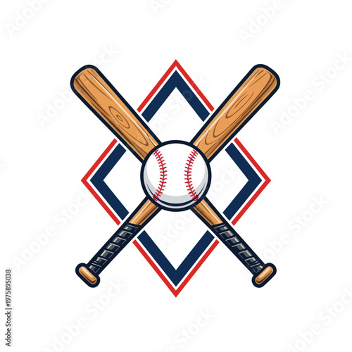 Baseball Equipment Crossed Bats and Ball Emblem.