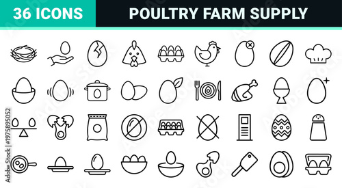 Organic egg and poultry farming minimalist line icon set