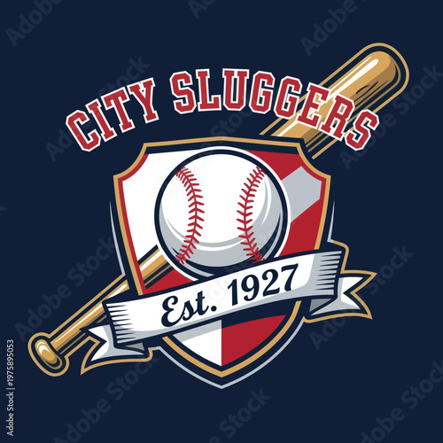 City Sluggers baseball team logo with bat shield and ball est 1927.