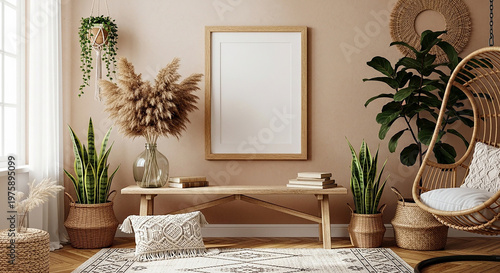 Boho living room interior with blank wooden frame mockup, macrame wall decor, rattan chair and natural sunlight.