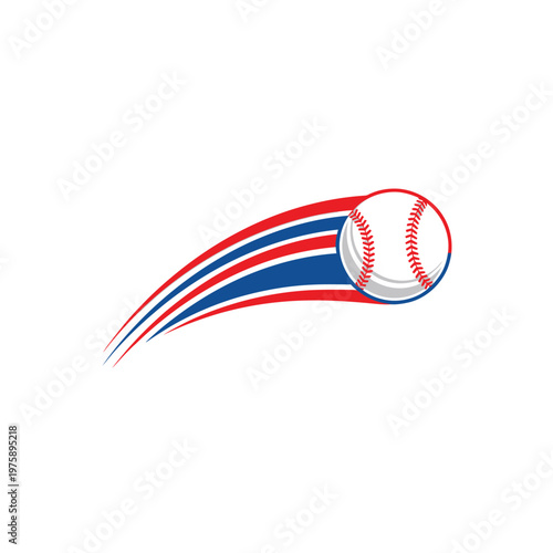 Baseball in motion with red white and blue streaks.